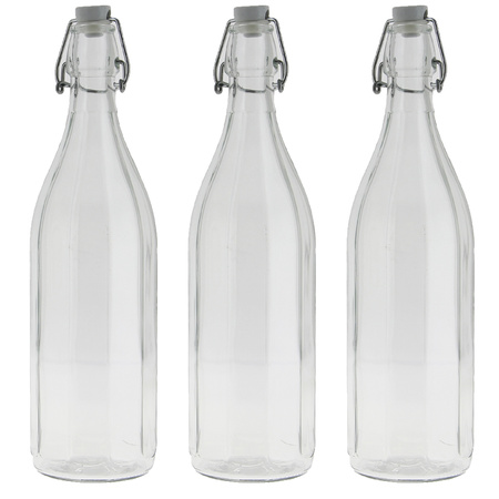 Glazen fles transparant met beugeldop van 1 liter/1000 ml