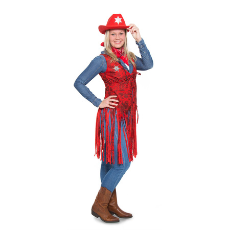 Rood cowgirl outfit met sheriff ster voor dames